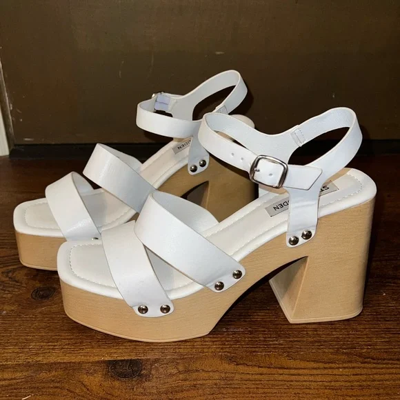 Steve Madden Gladiator White Strap Tan Platform Clog Heel Sandals Size 10 - Picture 8 of 14
